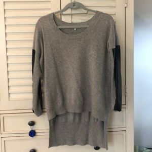 Leather sleeves on gray Scoop neck sweater